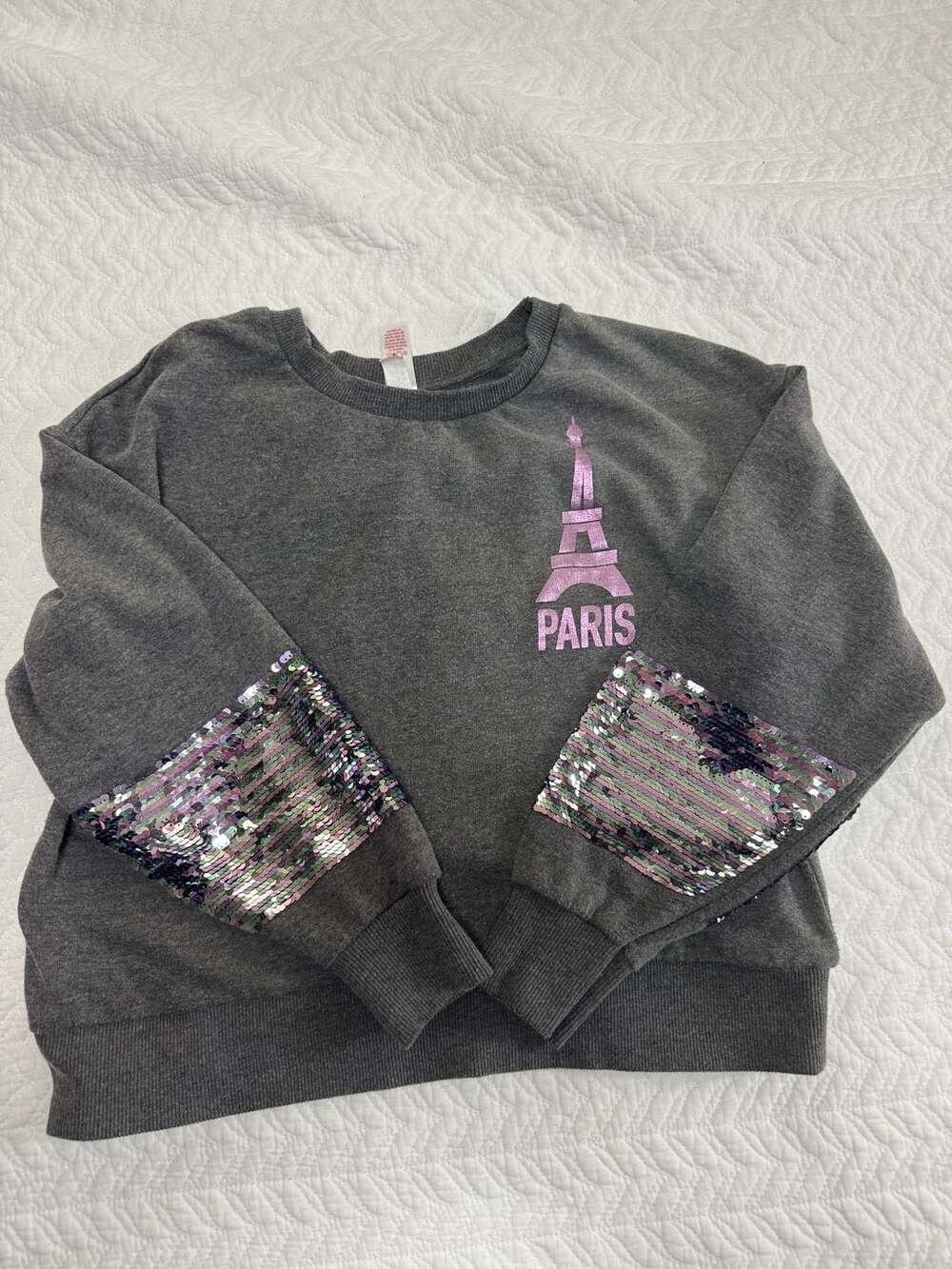 Justice Paris Eiffel Tower Sequin Sleeve Sweatshirt Size 18/20 Gray